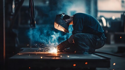 Welder grinding and welding metal with electric sparks and smoke in an industrial workshop or factory setting  Metalworking fabrication construction and manufacturing equipment and tools in use