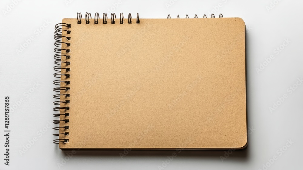 Aufkleber top-down view of an open brown notebook with spirals, isolated on a white background