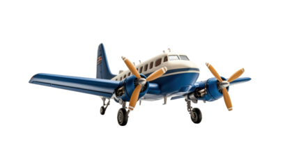 Small blue and white airplane with orange propellers in clear sky background isolated on transparent background..