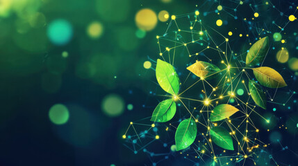 vibrant depiction of regenerative business ecosystem with interconnected green leaves and glowing nodes, symbolizing sustainability and growth