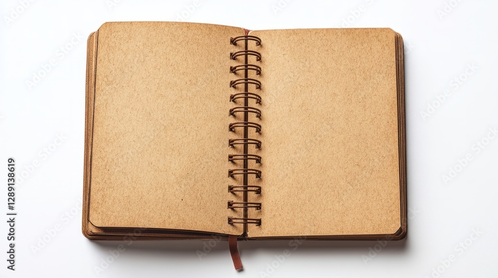 Aufkleber top-down view of an open brown notebook with spirals, isolated on a white background