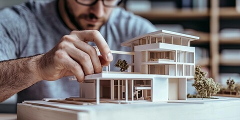 Architect's Vision: A focused architect examines a detailed architectural model, showcasing the innovative design of a modern house