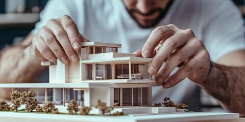 Architect's Vision: A focused architect meticulously examines a miniature model home, bringing architectural concepts to life with skillful hands, representing meticulous planning and creativity.