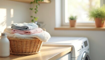 Laundry room interior with wicker basket full of folded pastel towels. Bottle of liquid detergent, washing machine. Cozy home with sunlight through window, plants decor. Domestic chore, housekeeping