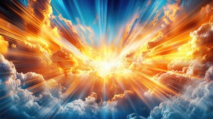 Heavenly sunrise bursting through clouds; spiritual hope