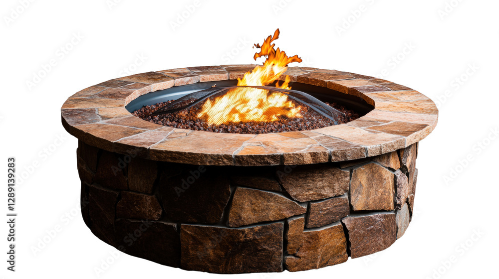 Poster fire pit glowing in darkness with black background creating a warm and inviting atmosphere isolated 