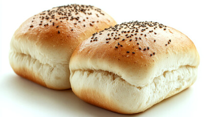 Two fresh sesame seed buns are placed side by side on a white surface. Concept of bakery and freshness.