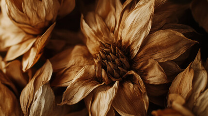 Fototapeta premium abstract close up of dried flower textures creating warm, earthy pattern. intricate details of petals and rich brown tones evoke sense of natural beauty and elegance