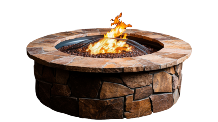 Fire pit glowing in darkness with black background creating a warm and inviting atmosphere isolated on transparent background..