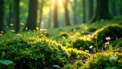 Forest forest floor covered in moss and wildflowers with sunlight shining through the undergrowth, green, forest floor