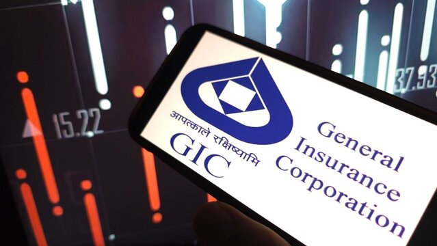 Konskie, Poland - February 22, 2025: General Insurance Corporation of India company logo displayed on mobile phone