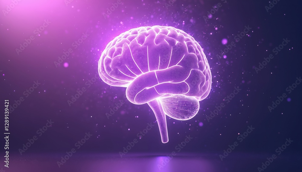 Poster human brain as hologram on purple background represents artificial intelligence, computer deep learn