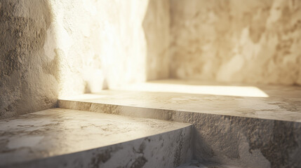 Stone concrete table stage podium with soft sunlight beams with empty place for products