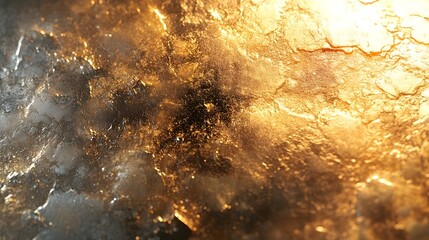 Captivating abstract image showcasing a shimmering metallic texture with fiery golden radiance and intricate rustic weathered patterns  The glowing luminous surface features a granular