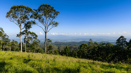 Fototapeta premium Scenic Panoramic View of Rolling Green Hills and Lush Grassland under a Bright Blue Sky