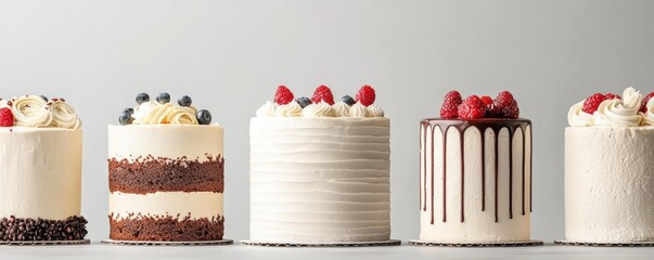 Selection of artisanal cakes in different flavors and designs, featuring elegant decorations, displayed against a muted gray background