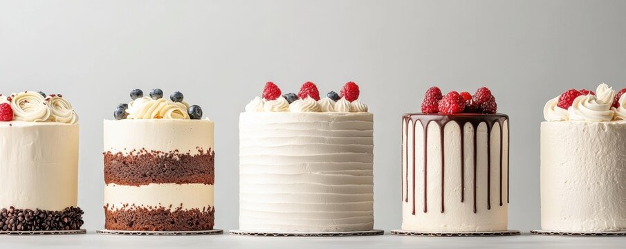 Selection of artisanal cakes in different flavors and designs, featuring elegant decorations, displayed against a muted gray background