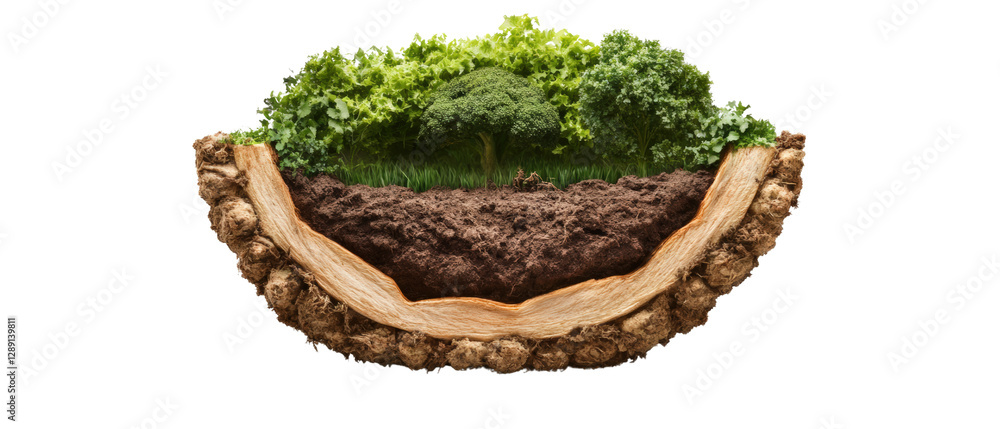 Poster tree growing out of wood log in natural environment with lush green background isolated on transpare