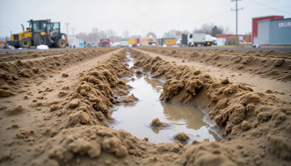 Heavy machinery creating muddy tracks at construction site, industrial grit