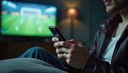 Man holds phone while betting online on football match at home. Soccer fan cheers winning, watches TV, uses smart wireless portable device. Friends gather, enjoy game at bar reunion, indoors.