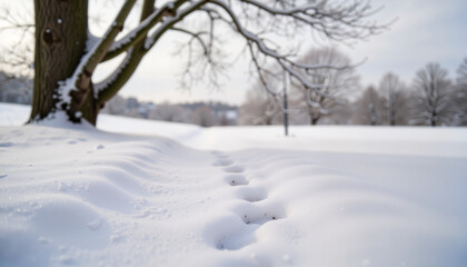 Small footprints in snow leading to tree, serene winter scene