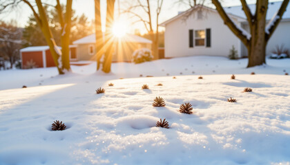 Glistening snowbank under warm sunlight in tranquil backyard, winter serenity