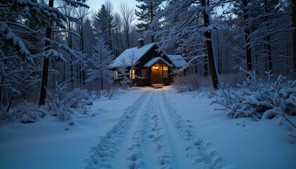 Carved footsteps in snow near cozy cabin, winter mystery