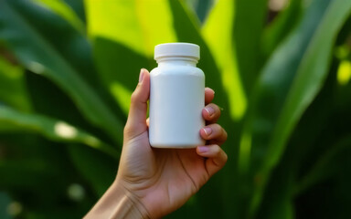 Hand Holding Blank White Pill Bottle Against Green Nature Background