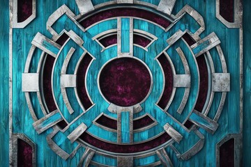 Electric blue and platinum wooden labyrinth accented with maroon, aerial perspective.