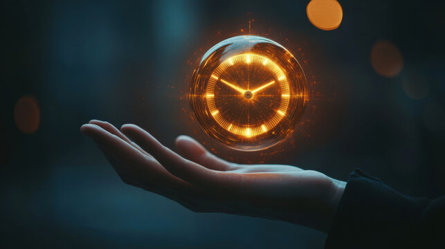 hand holds glowing countdown clock, symbolizing time and urgency futuristic setting. clock emits warm, orange light, contrasting with dark background, creating sense of mystery and anticipation