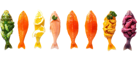 Row of assorted fish including different species displayed on a clean surface for culinary presentation isolated on transparent background..