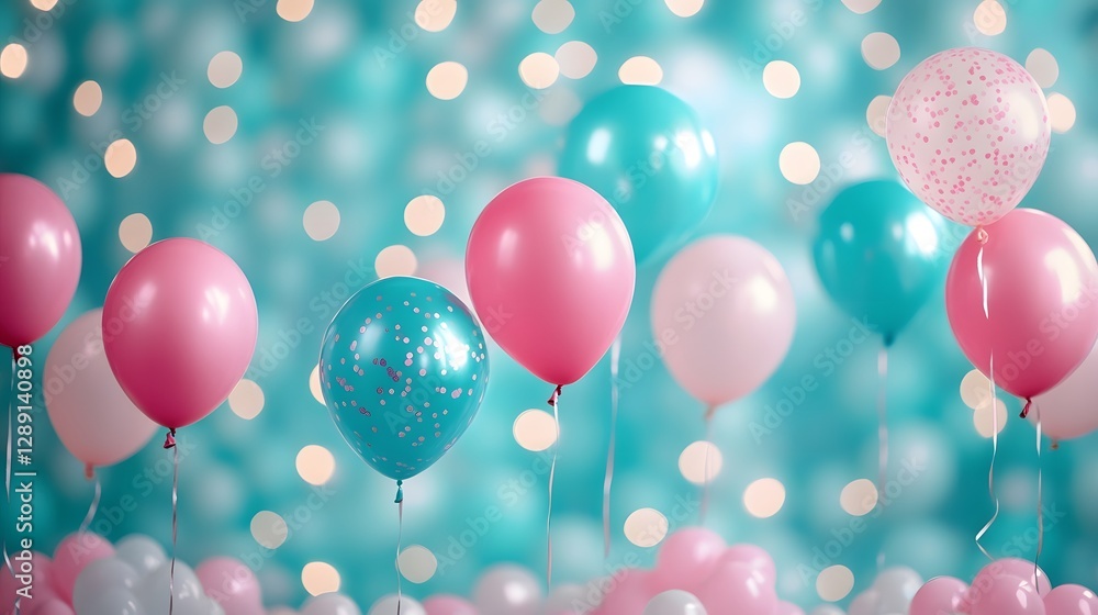 Poster magical and colorful balloons floating in a dreamy pastel bokeh background creating a festive and ce