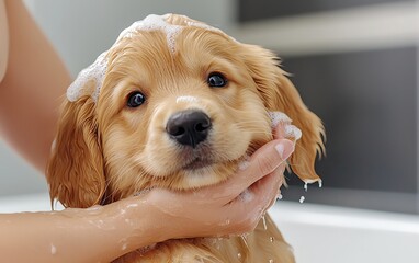 Golden Retriever Puppy Bathing with Pet Shampoo , Premium pets care product Advertising, A fluffy golden retriever puppy being gently bathed with a pet friendly shampoo