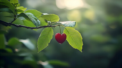 Fototapeta premium Heart Shaped Red Cherry Hanging on a Branch with Dewy Green Leaves