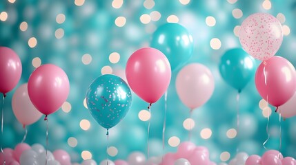 Magical and colorful balloons floating in a dreamy pastel bokeh background creating a festive and celebratory atmosphere  This image is perfect for a birthday party anniversary wedding