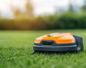 AIcontrolled robotic mower maintaining a perfectly landscaped garden, smart lawn care