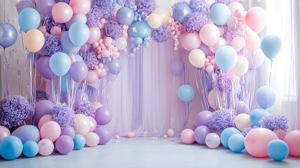 Elegant and Whimsical Pastel Balloon Arch for Festive or Birthday Event  Vibrant Colorful and Glamorous Background