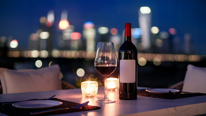 Romantic rooftop wine dinner with city lights