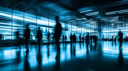 Blurred motion of business commuters hurrying through a modern corporate office hallway conveying a sense of dynamic energy efficiency and productivity in a fast paced business environment