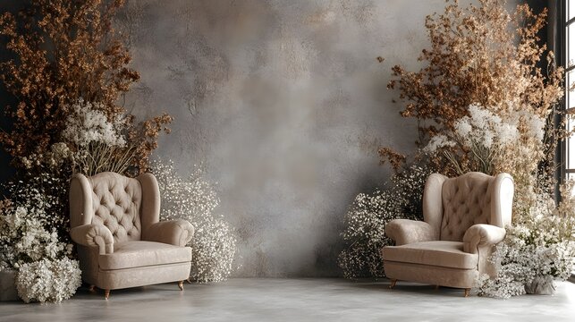 Cozy and elegant living room interior with a crackling fireplace autumn themed decor plush velvet armchairs and various decorative elements like a mirror art