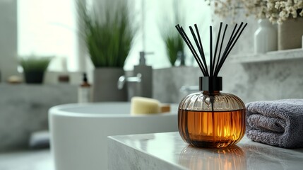 Reed diffuser spreading pleasant aroma in modern bathroom