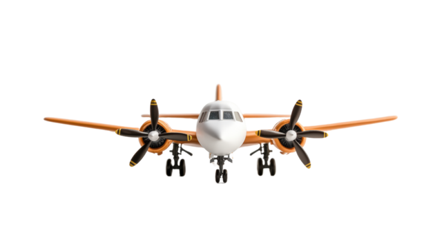 Small airplane flying through a clear blue sky with clouds in the background during daytime isolated on transparent background..