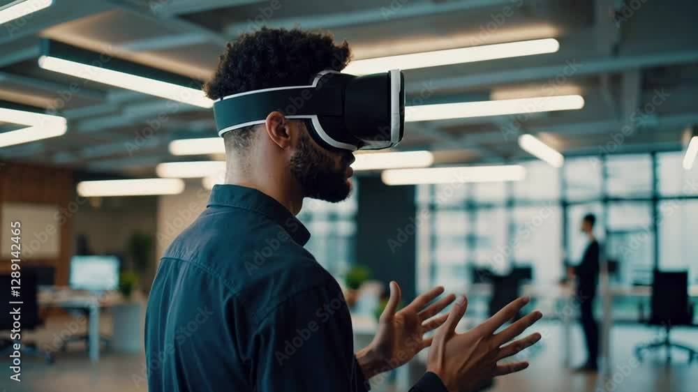 Aufkleber young male engineer wearing vr headset is interacting with virtual reality in slow motion, exploring