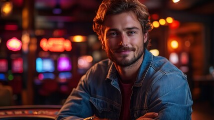 Fototapeta premium Young man smiling in casino, playing gambling games