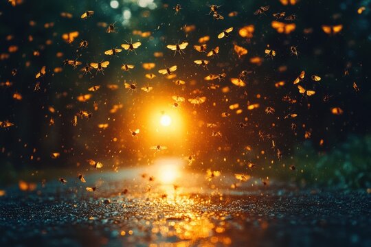 Insects swarming around a warm light at sunset.  A mesmerizing display of nature's beauty.