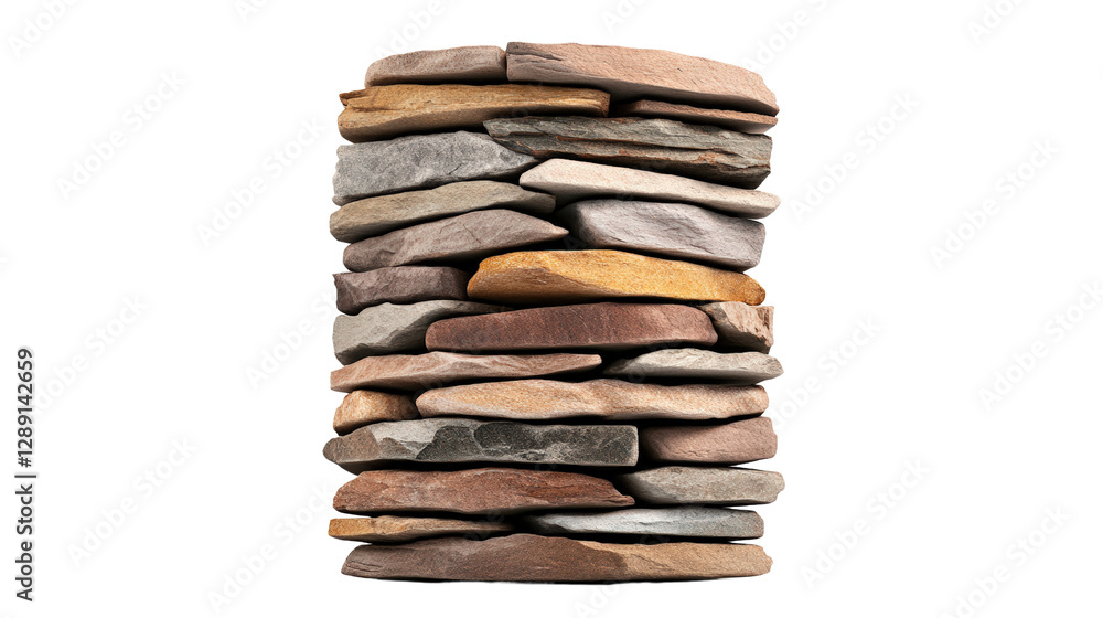 Poster stack of various rocks on a sandy beach with ocean waves in the background under a clear blue sky is