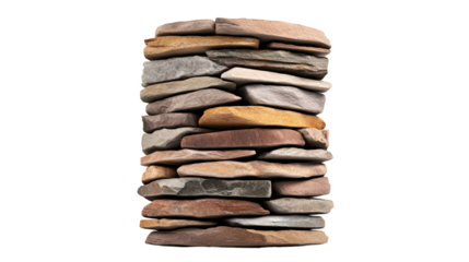 Stack of various rocks on a sandy beach with ocean waves in the background under a clear blue sky isolated on transparent background..