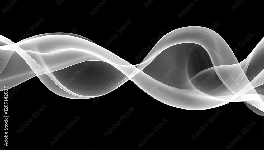 Poster abstract grayscale image featuring flowing, translucent wave-like forms on a black background. the w