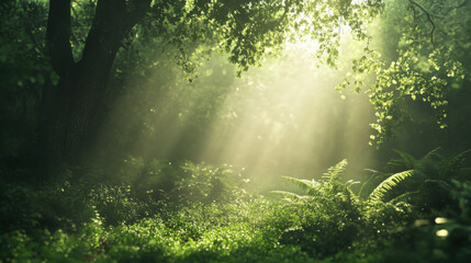 Fototapeta premium Sunlight filters through lush green forest, illuminating ferns and foliage, creating serene and tranquil atmosphere