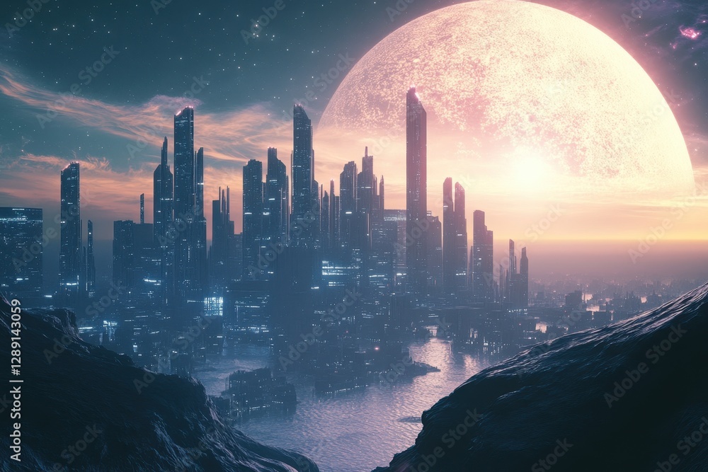 Poster futuristic cityscape illuminated by a large moon during twilight hours in a serene setting